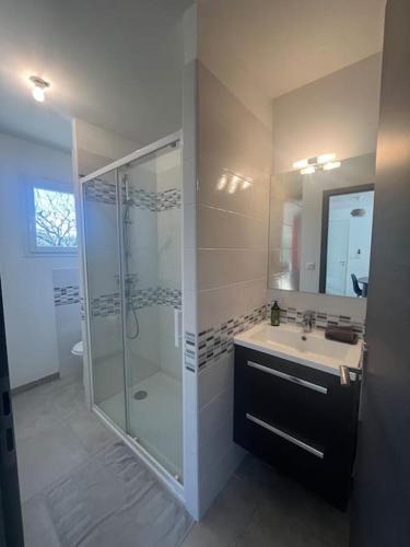 une salle de bain avec une douche en verre et un lavabo dans l'établissement Gîte en Drôme Provençale, à Espeluche