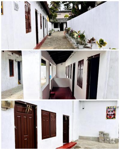 deux photos d'un bâtiment avec portes brunes dans l'établissement Nithusha holiday house நிதுஷா சுற்றுலா விடுதி, à Jaffna