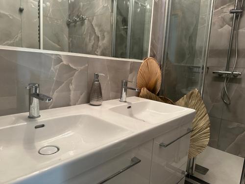 uma casa de banho com um lavatório branco e um chuveiro em NEW ÉTOILE Arc de Triomphe renovated March 24 em Paris