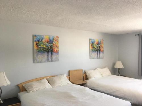twee bedden in een kamer met schilderijen aan de muur bij Country garden hotel in Smoky Lake