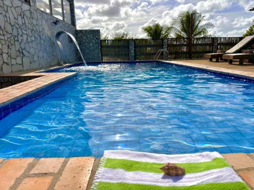 a pool with a cat sitting on a towel in the water at Pousada Bella Mar in Prea
