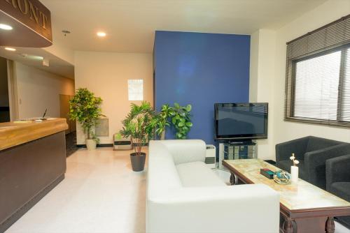 salon z białą kanapą i telewizorem w obiekcie Hotel Ina w mieście Ina