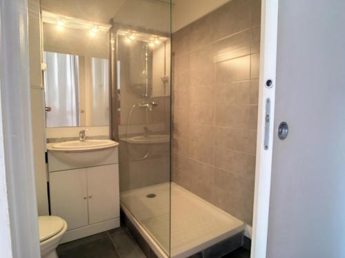 une salle de bain avec une douche, des toilettes et un lavabo dans l'établissement Studio Cabine ensoleillé, terrasse, proche plage, port et commerces à Carnon-Plage - FR-1-715-72, à Mauguio