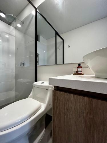 a bathroom with a white toilet and a sink at INTO suites, suite de lujo in Armenia
