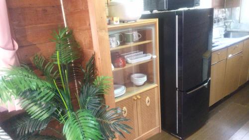 eine Küche mit einem schwarzen Kühlschrank und einer Pflanze in der Unterkunft のんびれっじ七草 in Nasushiobara