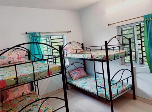 a room with three bunk beds and two windows at Funk monk Villa hostel PONDICHERRY in Auroville