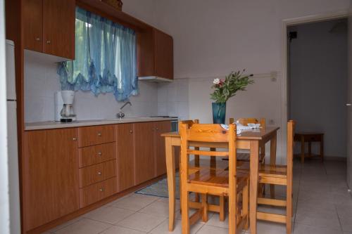 a kitchen with a wooden table and chairs and a table and a kitchen at Philoxenia Apartments in Kryonéri