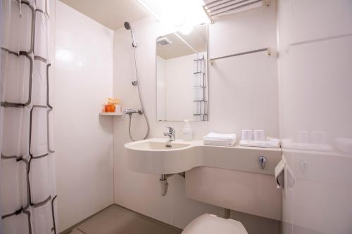 Baño blanco con lavabo y espejo en M Lodge, en Niseko