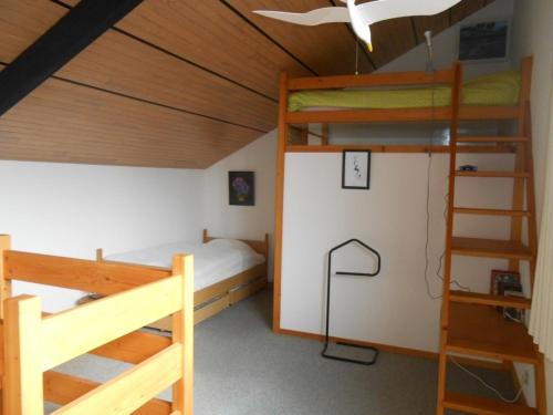 une chambre avec deux lits superposés et une échelle dans l'établissement Maison 8 pers au bord de la Ria - Jardin - 4 km de la plage - Animaux admis - FR-1-397-78, à Belz