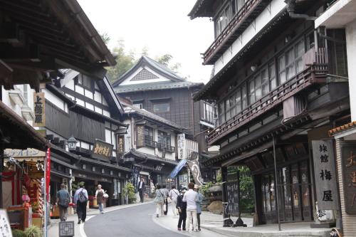 a group of people walking down a street with buildings at Wakamatsu Honten in Narita
