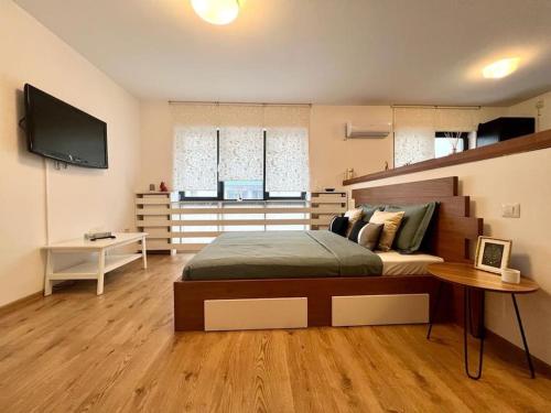 een slaapkamer met een bed en een flatscreen-tv bij Modern fully equipped studio -central- Carol Park in Boekarest