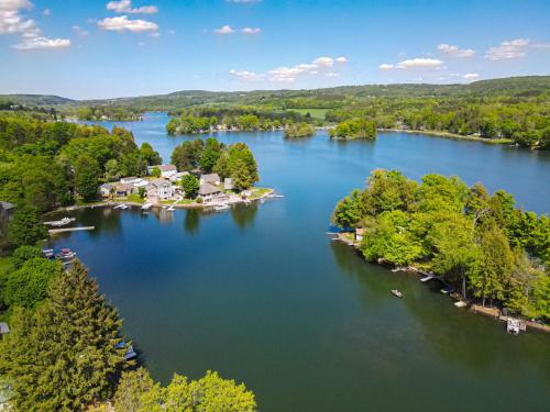 an aerial view of an island in the middle of a lake at Sunset Cottage #3 in Hamilton