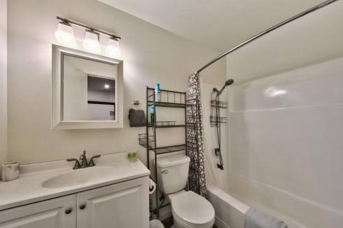 uma casa de banho com um lavatório, um WC e um chuveiro em Private/Cozy Kings Beach Retreat em Tahoe Vista