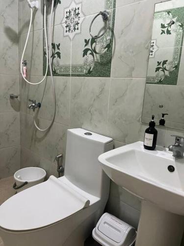 ein Bad mit einem WC, einem Waschbecken und einer Dusche in der Unterkunft ALMAR APARTELLE in Oroquieta