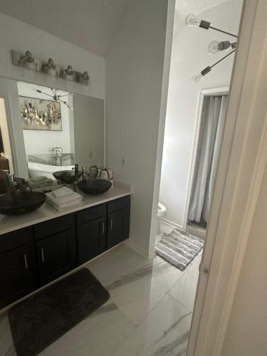 een badkamer met een wastafel en een grote spiegel bij Encie’s Estate in Memphis
