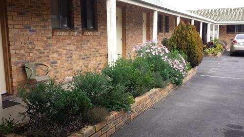 a brick house with flowers and a bench in front of it at Sandhurst Motor Inn Bendigo in Bendigo