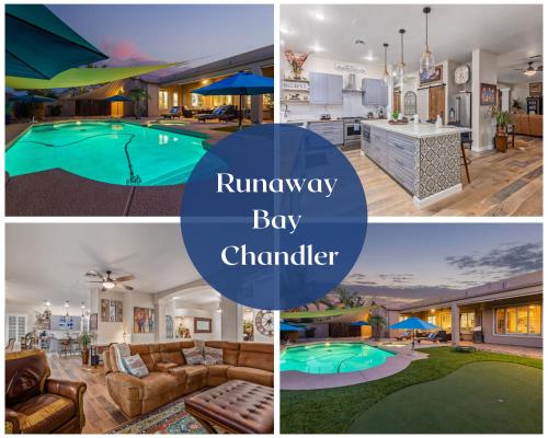 un collage de fotos con el título de "Retador de Bahía Escapada" en Runaway Bay Chandler home, en Sun Lakes
