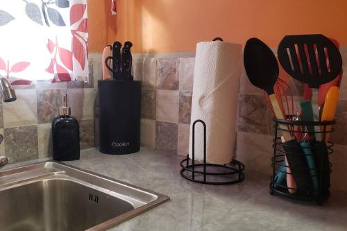 a kitchen counter with a sink and utensils at Island Farmhouse-Cozy 1brApt/close to Piarco. in Tunapuna