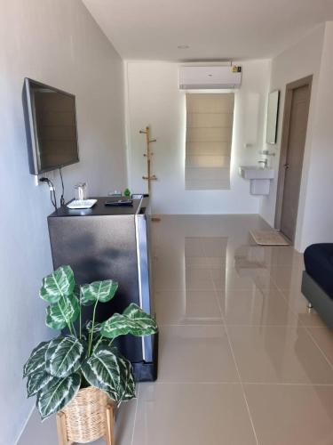 a small kitchen with a potted plant in a room at Rest at Thachang Hotel in Ban Hua Han