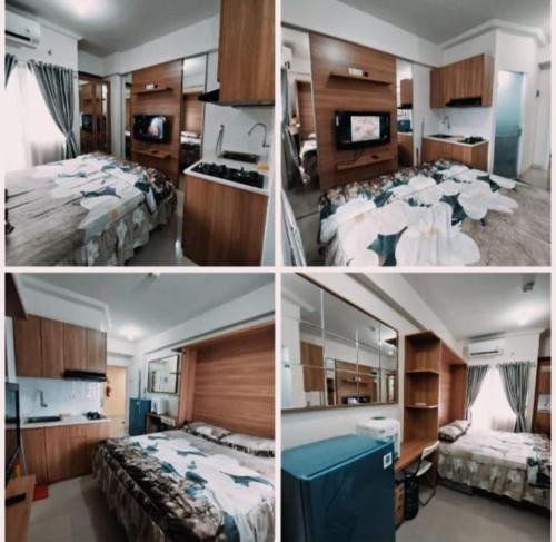 cztery zdjęcia sypialni z dwoma łóżkami i telewizorem w obiekcie Apartment studio kalibata city by alfan w Dżakarcie