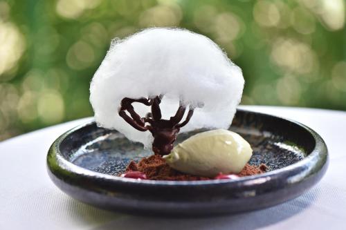 a black bowl filled with snow on top of a dessert at Pensiunea Atra Doftana in Teşila