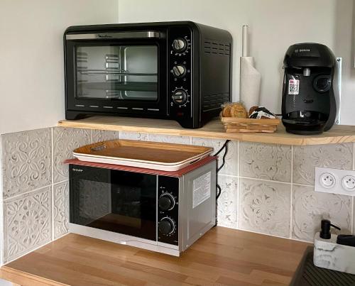 a microwave and a toaster oven sitting on a shelf at Le nid du vallon in Pomport