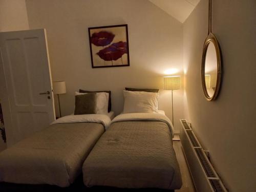 - 2 lits dans une petite chambre avec un miroir dans l'établissement Casa Barata, à Riemst