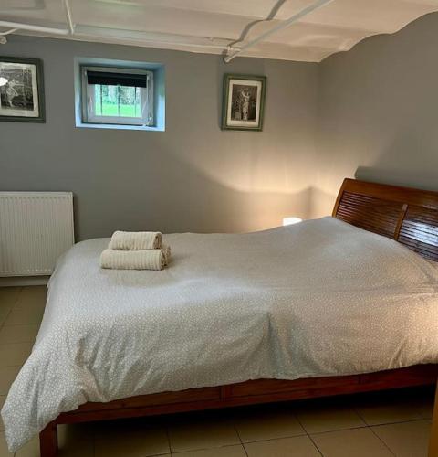 une chambre avec un grand lit avec deux serviettes dessus dans l'établissement Bucolique Rez-de-jardin, 4 pers, proche Disney, à Thorigny-sur-Marne