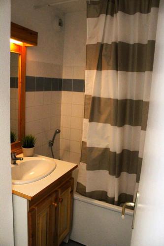 une salle de bain avec un lavabo et un rideau de douche dans l'établissement Les Chalets De Superd Dauphinelle - 2 Pièces pour 4 Personnes MAE-8134, à Saint-Étienne-en-Dévoluy