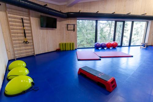 a gym with a blue floor with balls and a treadmill at Spa & Wellness Hotel Fitak**** in Liptovský Ján