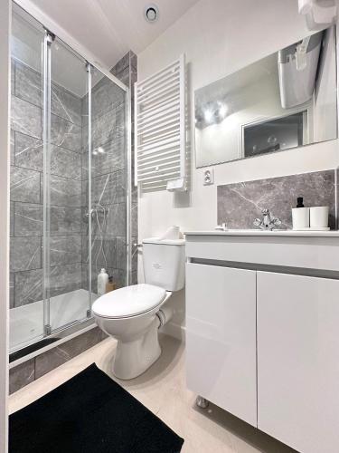 a white bathroom with a toilet and a shower at Maisonnette F2 de 20m2 avec jardin privatif in Antony