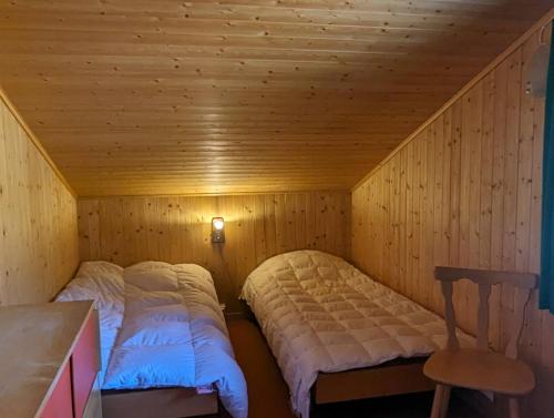 a room with two beds in a wooden cabin at Mimöseli in Schwarzsee