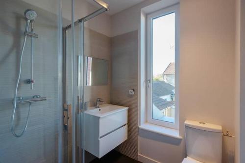 La salle de bains est pourvue d'un lavabo, d'une douche et d'une fenêtre. dans l'établissement Le Cabourgeais centre ville, à Cabourg