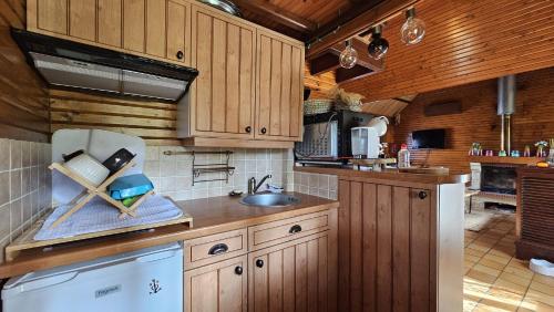 une cuisine avec des armoires en bois et un évier dans l'établissement Chalet de Béon, à Bazoches-sur-le-Betz