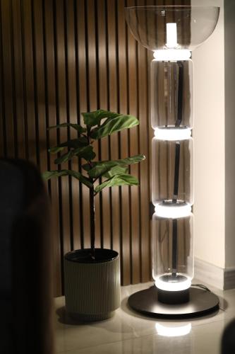 a plant in a pot next to two lights at Hotel Monday by DNT Group in Tbilisi City
