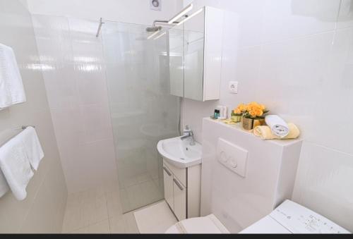 a white bathroom with a toilet and a shower at Modern Oasis in Split