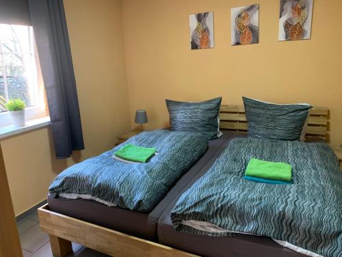 two beds in a bedroom with green sheets at Ferienwohnung Baumann in Schwarzenberg