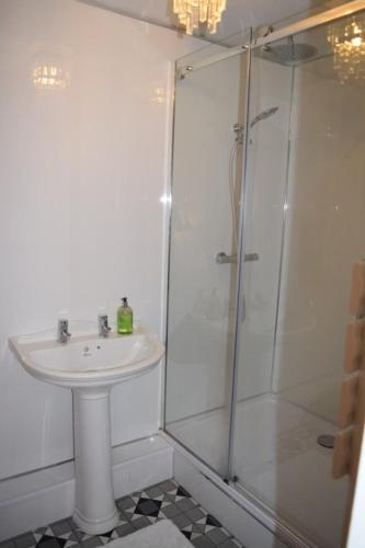 W łazience znajduje się umywalka i prysznic. w obiekcie Spacious County Durham Home w mieście Durham