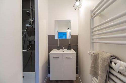 une salle de bain avec un lavabo blanc et un miroir dans l'établissement Appartement au cœur de Saint-Brieuc, à Saint-Brieuc