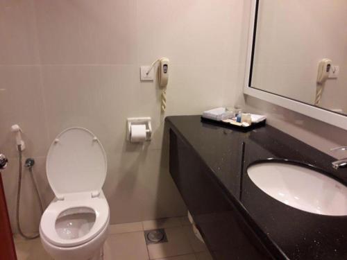 a bathroom with a toilet and a sink and a mirror at Kiulap Plaza Hotel in Bandar Seri Begawan