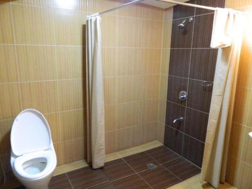 a bathroom with a shower and a toilet at Starmark Hotel in Naga