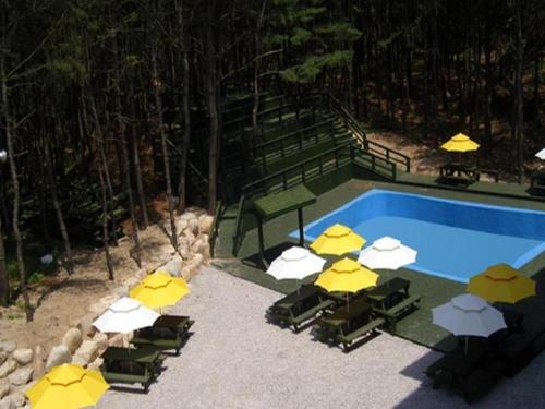 una piscina con sombrillas y sillas y una piscina en Mangsang Haeorum Family Hotel, en Donghae