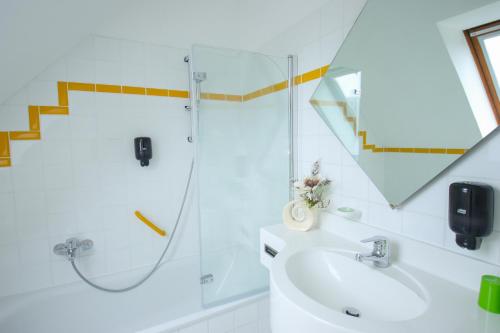 ein weißes Bad mit einer Dusche und einem Waschbecken in der Unterkunft Inselhotel kleiner Bodden in Buschvitz
