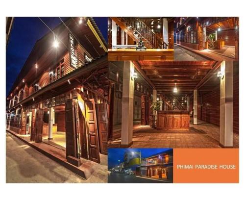 a collage of photos of a building at night at Phimai Paradise House in Pi Mai