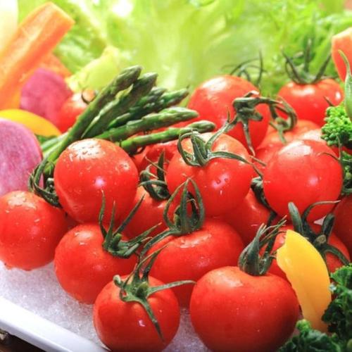 a pile of tomatoes and other vegetables on a table at Hotel Grand Shinonome in Tsukuba