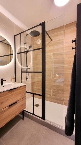 une salle de bain avec douche et lavabo dans l'établissement T2 quartier Mermoz, 2 places de parking privées, à Pamiers
