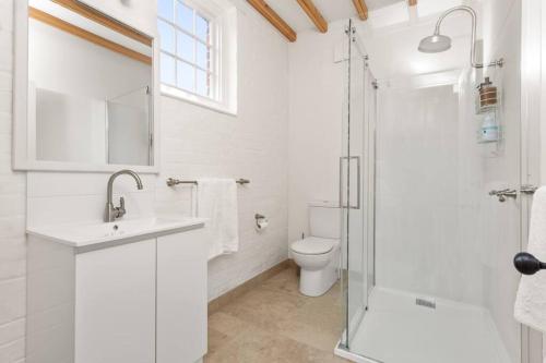 ein Bad mit einem WC, einem Waschbecken und einer Dusche in der Unterkunft Harland Rise Chapel Circa 1830 in Evandale