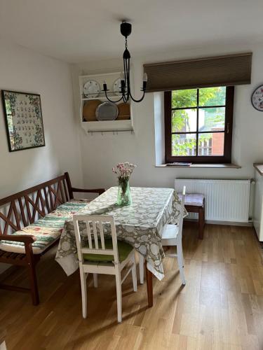 a dining room with a table and chairs and a window at Na Husovce in Teplice