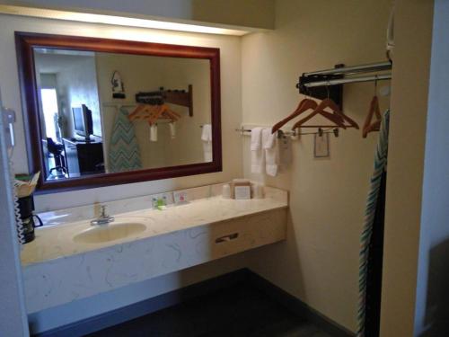 Americas Best Value Inn Kinston في كينستون: حمام مع حوض ومرآة كبيرة