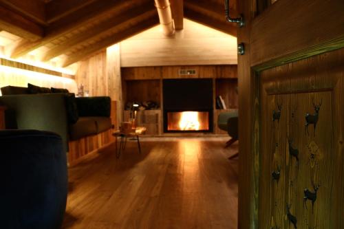 a living room with a fire in the fireplace at Hotel Galli's - Centro in Livigno